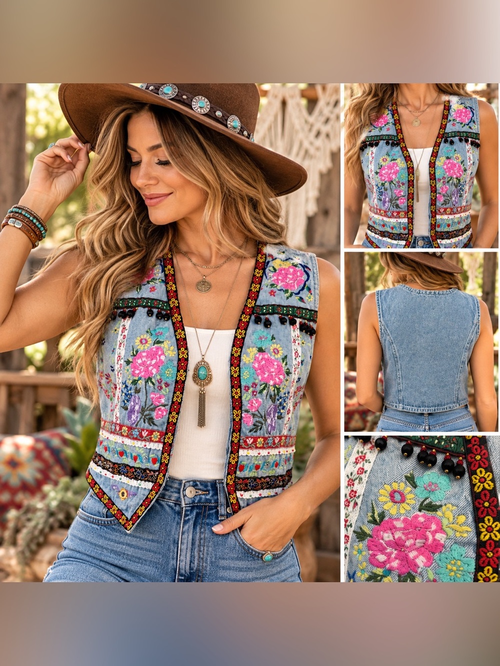 Jou Jou Embroidered Boho Hippie Vintage Denim Vest w/ Floral Embroidery & Ribbon